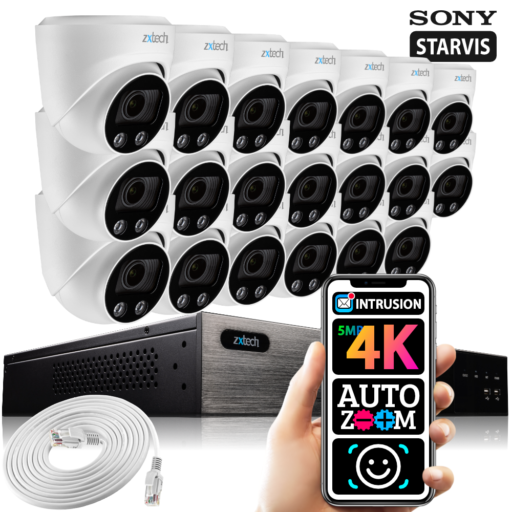 Zxtech 16x 5MP 8MP 60M IR Auto Zoom PoE Security Camera  NVR Face Recognition Kit RX20C24W