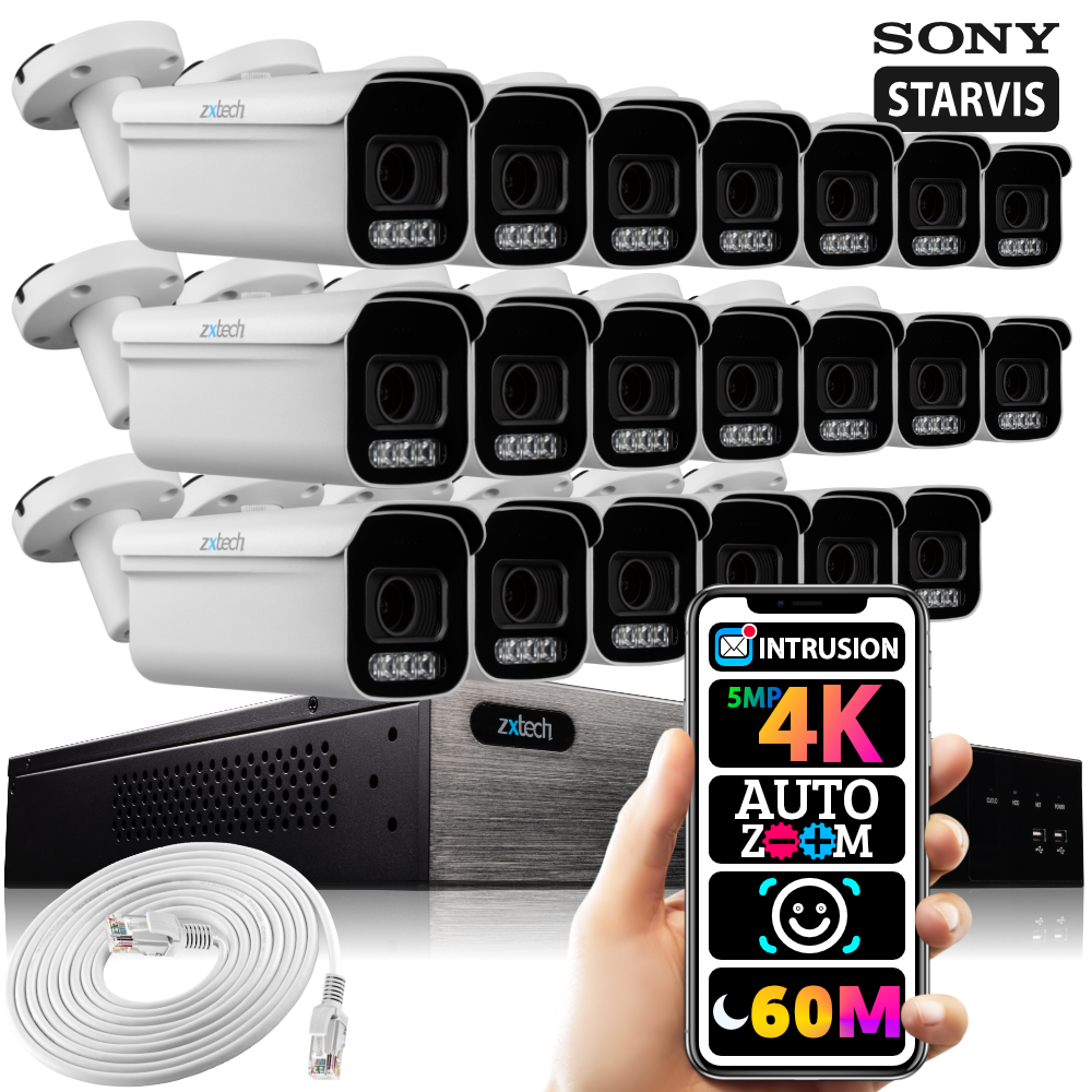 Zxtech 16x 5MP 8MP Auto Zoom PoE Outdoor Security Cameras Face Recognition CCTV Kit RX20D24W