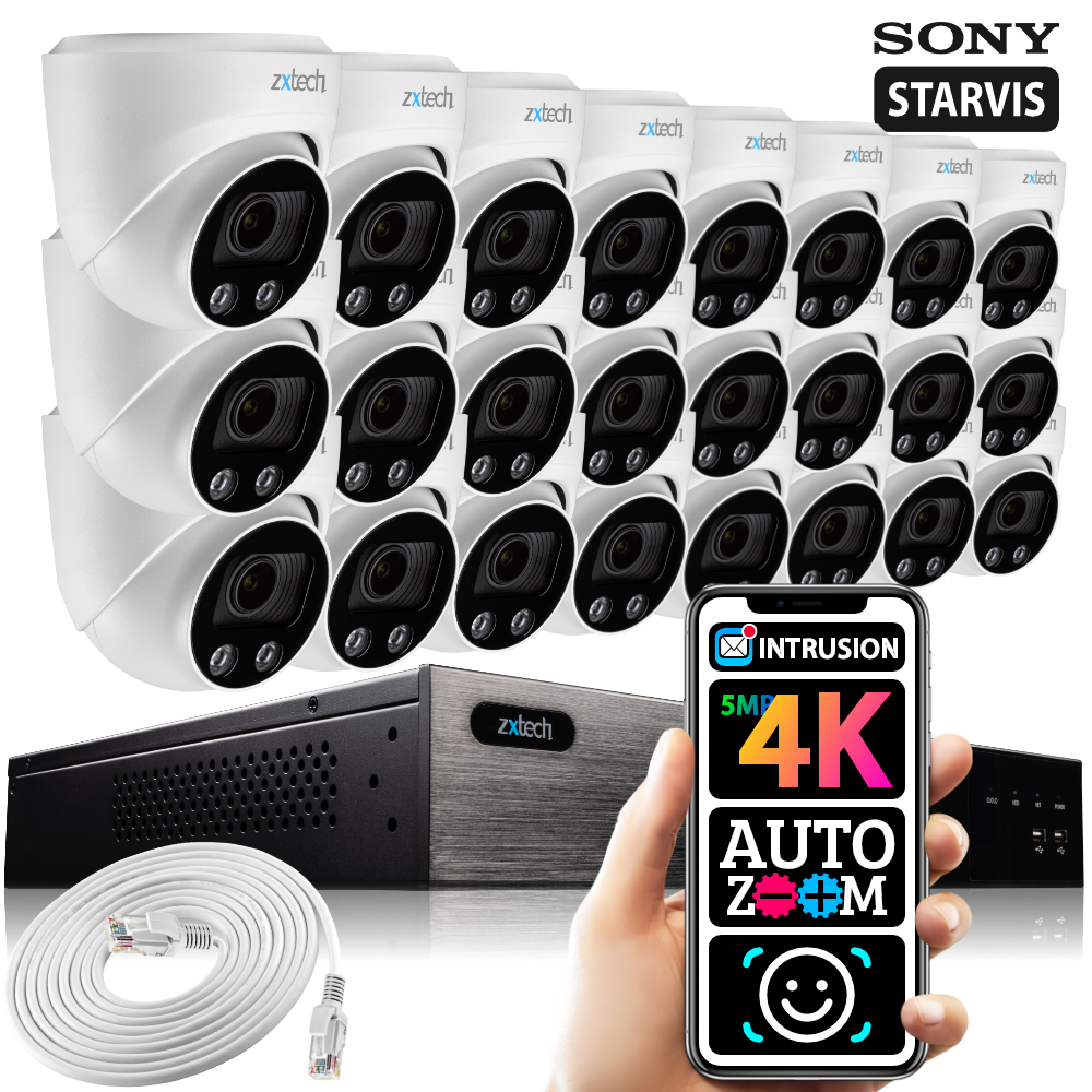 Zxtech 16x 5MP 8MP 60M IR Auto Zoom PoE Security Camera  NVR Face Recognition Kit RX24C24W