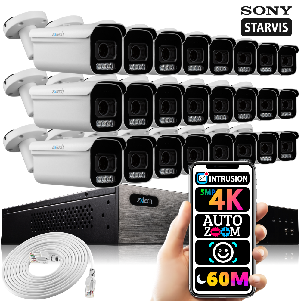 Zxtech 16x 5MP 8MP Auto Zoom PoE Outdoor Security Cameras Face Recognition CCTV Kit RX24D24W